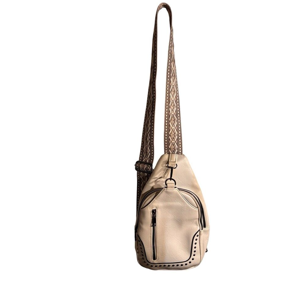 Sam And Hadley White Sling Purse W/ Studded Design And Zip Closure. Guitar Strap
